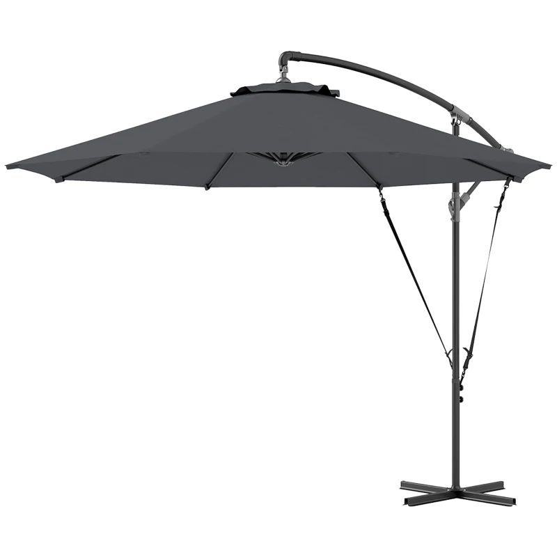 Outsunny Umbrelă de Soare cu Corzi Anti-Vânt, Orificii de Aerisire, Bază în Cruce și Manivelă, Φ290x243 cm, Gri