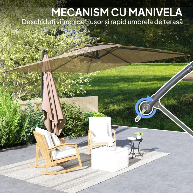 Outsunny Umbrelă cu Braț 3x3 m cu Acoperire Reglabilă și Bază în formă de Cruce, din Metal și Poliester, culoare Kaki
