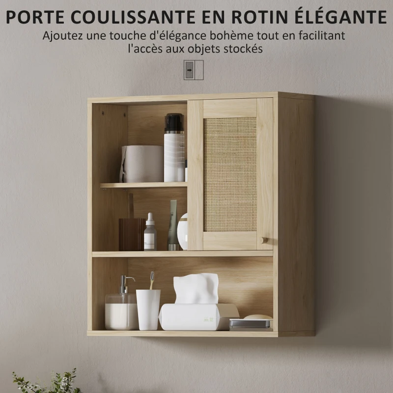 HOMCOM Armoire murale, meuble haut salle de bain avec porte coulissante en rotin et étagères ouvertes, bois naturel