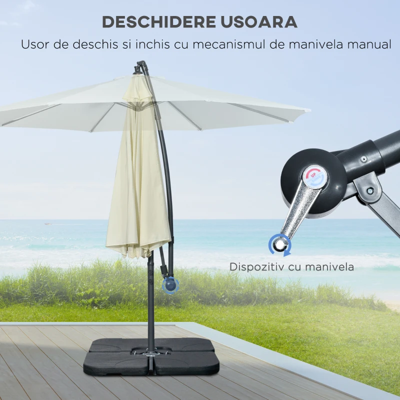 Outsunny Umbrelă Suspendată cu Bază în Cruce, Greutăţi, Manivelă și Protecţie UV, Ø3x2.5 m, Bej