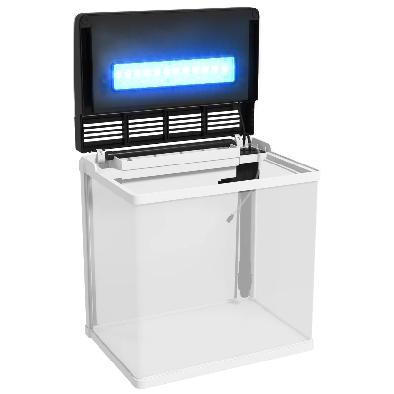 PawHut Acvariu de 28L cu Iluminare LED, Orificii de Ventilație și Pompă Silențioasă, 38x26x38 cm, Alb