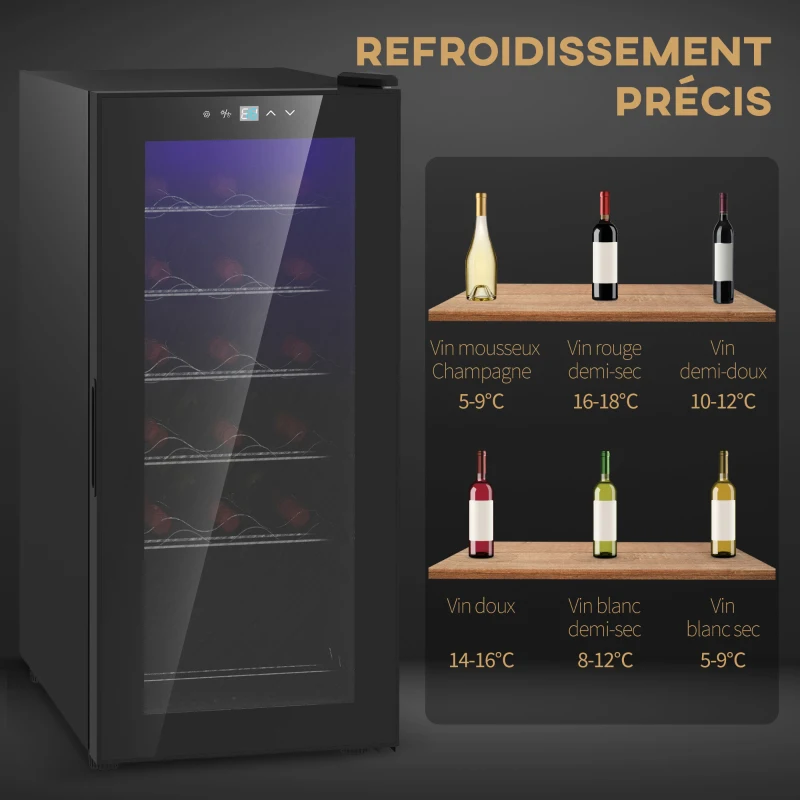 HOMCOM Cave à vin 18 bouteilles 50L haute performance température réglable 5-18° avec lumière LED, noir