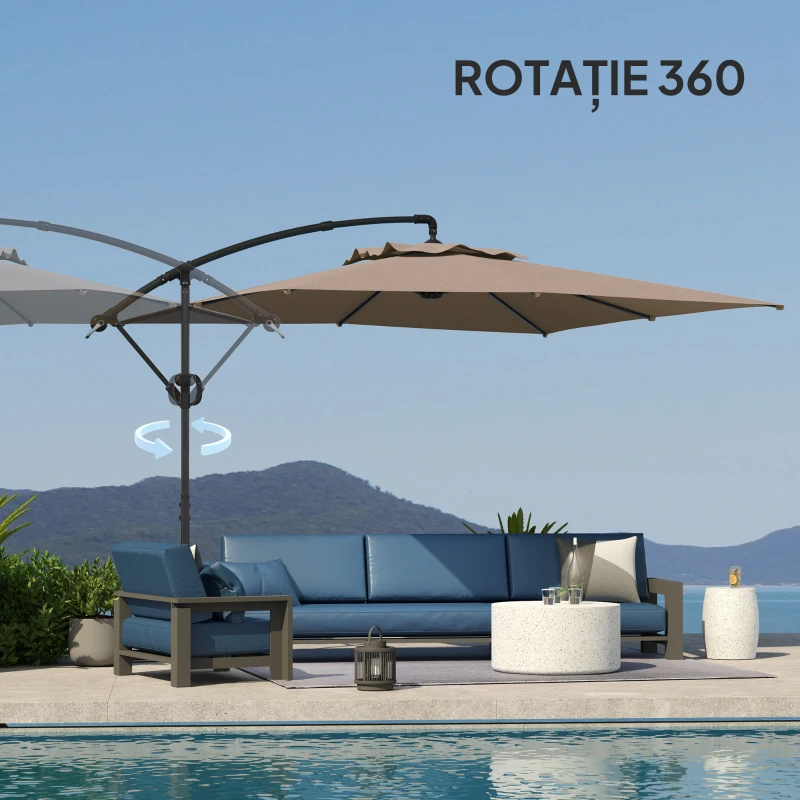 Outsunny Umbrelă cu Braț 3x3 m cu Acoperire Reglabilă și Bază în formă de Cruce, din Metal și Poliester, culoare Kaki