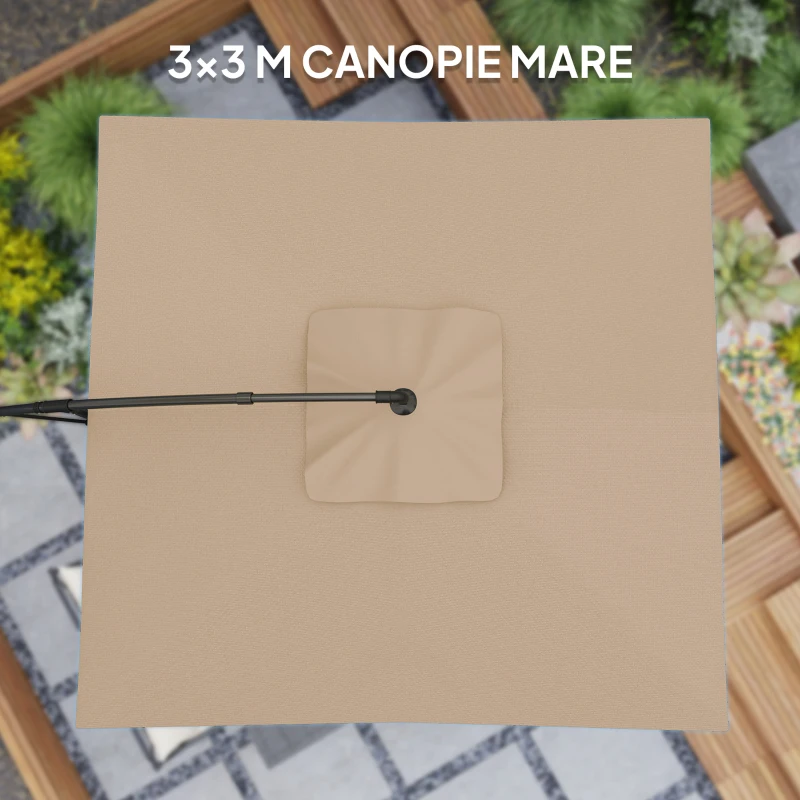 Outsunny Umbrelă cu Braț 3x3 m cu Acoperire Reglabilă și Bază în formă de Cruce, din Metal și Poliester, culoare Kaki