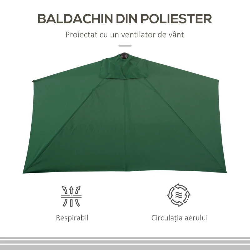 Outsunny Umbrelă Semicirculară de Perete cu Deschidere cu Manivelă şi Orificii de Ventilaţie, 230x130x245 cm, Verde
