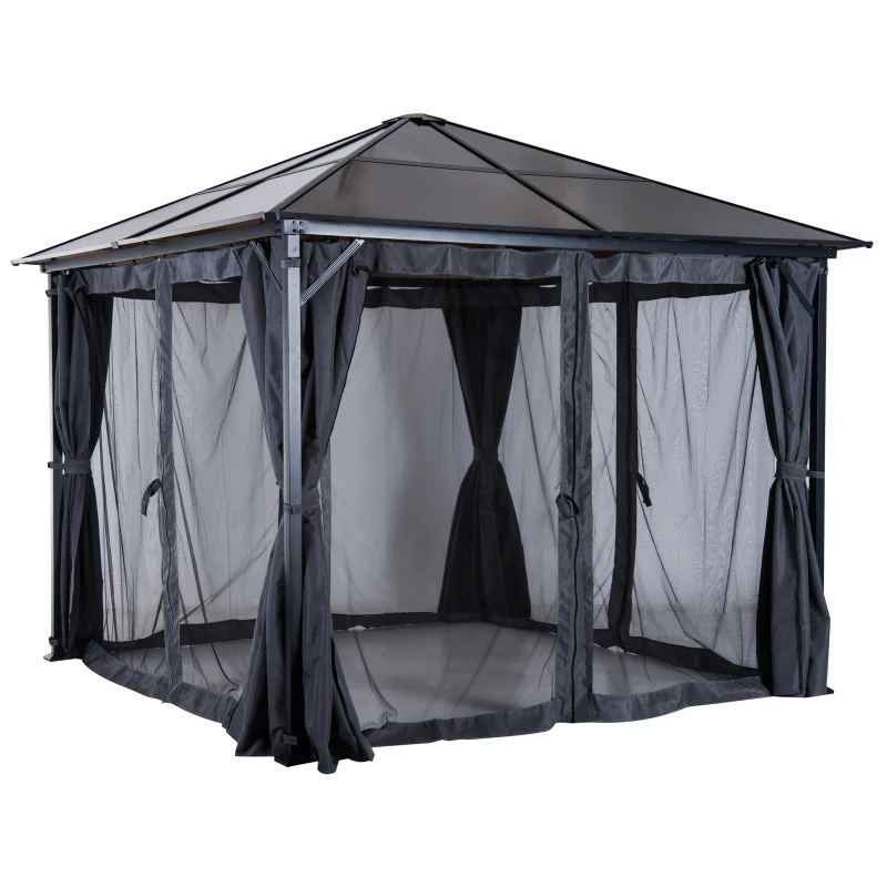 Outsunny Pavillon mit Polycarbonatdach, Vorhänge mit Fliegennetz, Alugestell, dunkelgrau, 3 x 3 m