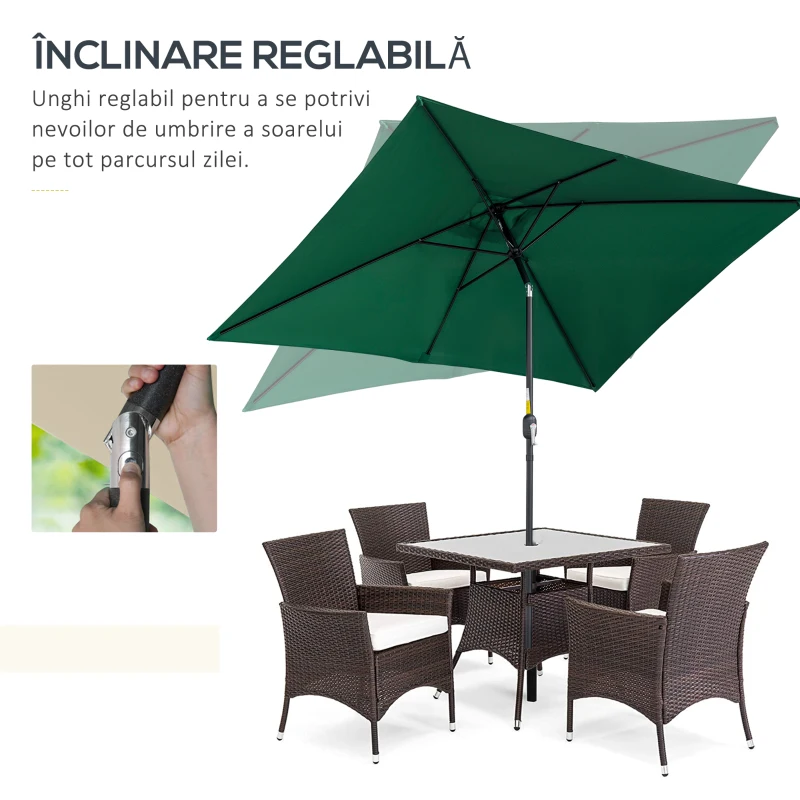 Outsunny Umbrelă dreptunghiulară pliabilă și reglabilă 2x3 m cu manivelă, din aluminiu și poliester, verde și negru