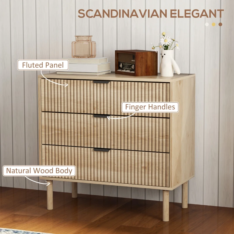 HOMCOM Comodă cu 3 Sertare, Picioare din Lemn Masiv și Design Canelat, 80x40x77,5 cm, Lemn Natural(m-4)