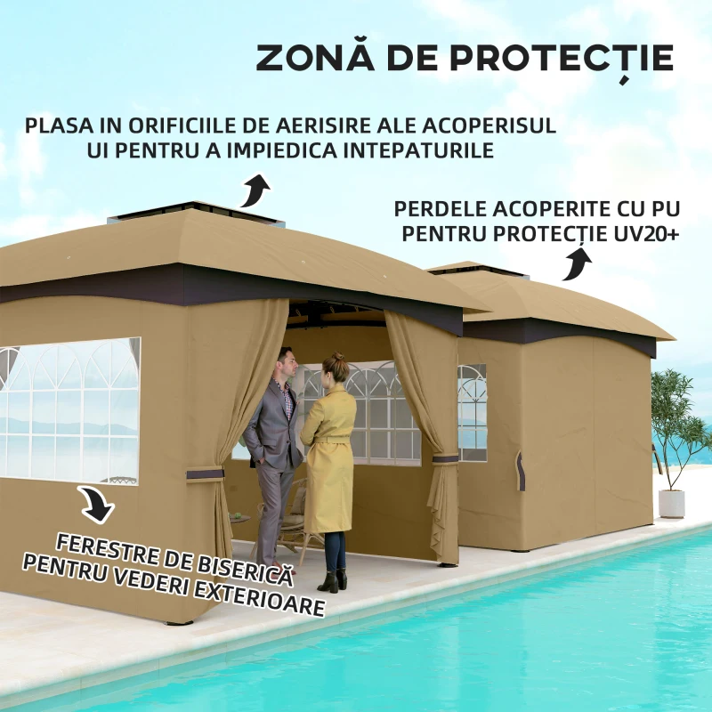 Outsunny Pavilion de Grădină cu Copertină, Perdele, Ferestre și Acoperiș Ventilat, 335x335x285 cm, Bej