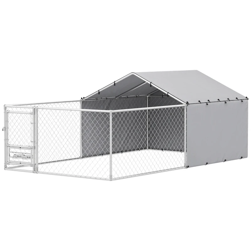 PawHut Țarc pentru Câini de Exterior cu Acoperiș Anti-UV Impermeabil și Boluri Rotative, 400x230x150 cm, Argintiu(m-10)