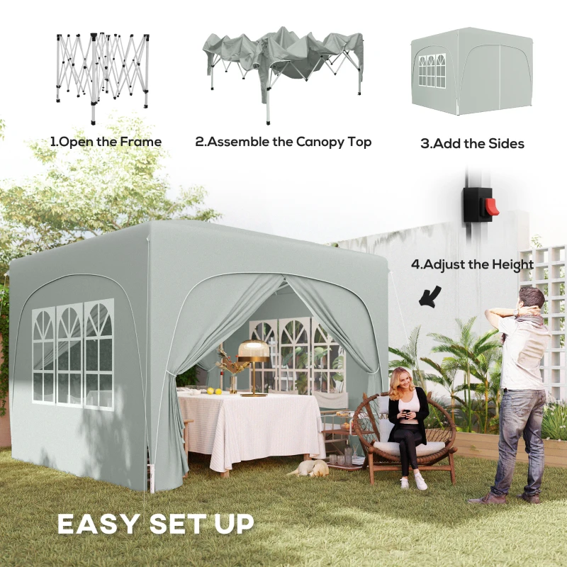 Outsunny Pavilion Pliabil cu Ferestre Laterale și Geantă de Transport, 300x300x273 cm, Gri Deschis