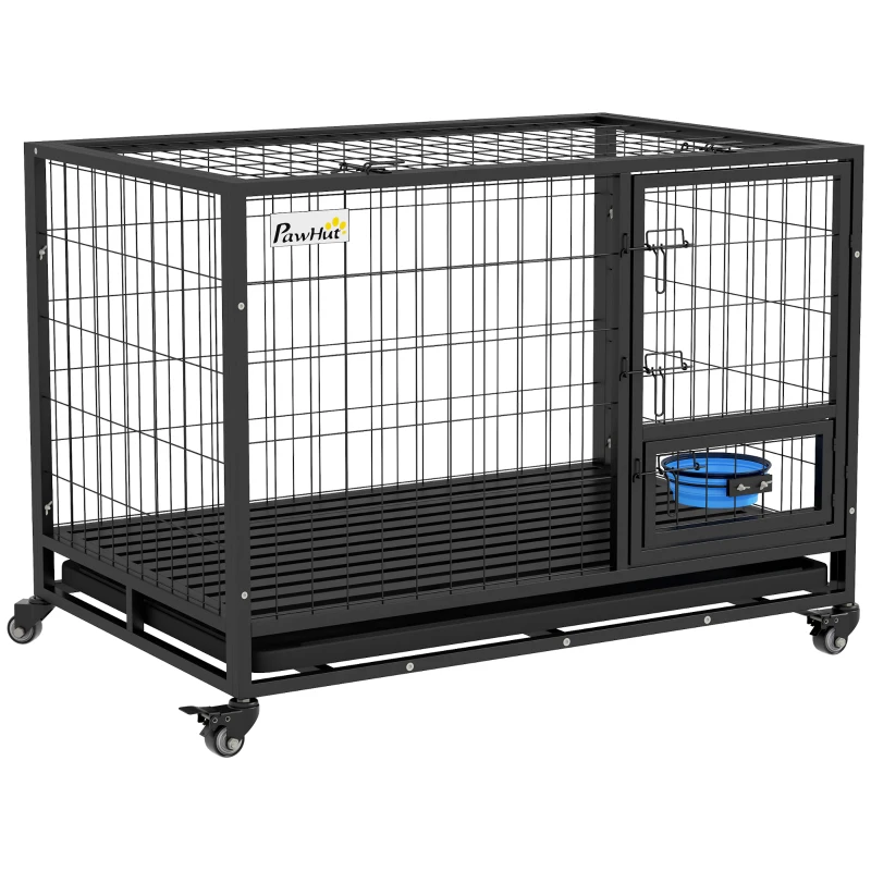 PawHut Gaiola para Cães com Parte Superior Rebatível Suporte de Tigelas Bandeja Amovível Rodas e Porta Dupla 109x72x79 cm Preto