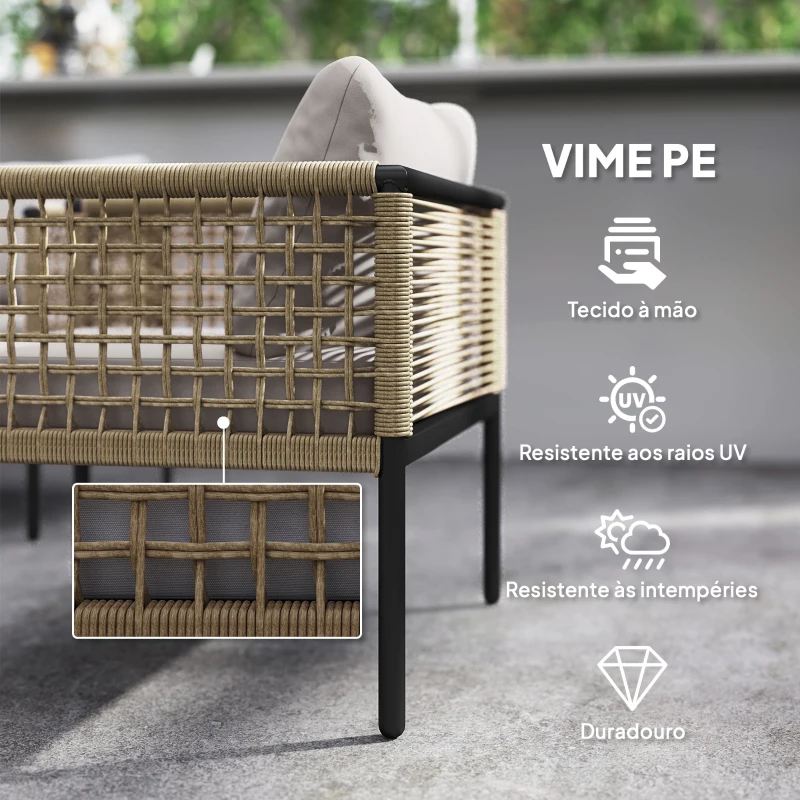 Outsunny Conjunto de Jardim de Vime Sintético de 4 Peças Inclui 1 Sofá Duplo 2 Cadeiras e Mesa de Centro com Almofadas Madeira e Cinzento