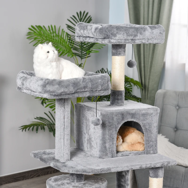 PawHut Katzen Kratzbaum groß 145 cm, Katzenbaum mit Hängematte, Kletterbaum für Katzen, Katzenkratzbaum Höhle Katzenmöbel mit Sisalstämmen, Hellgrau