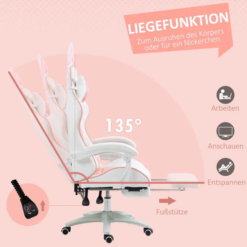 Vinsetto Gaming Stuhl Ergonomischer Gamer Stuhl mit Lendenwirbelstütze, Fußstütze Hasenohren Kopfkissen Rosa(m-6)