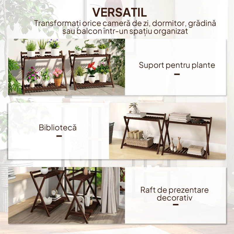 Outsunny Set de 2 Suporturi pentru Plante cu 2 Niveluri, 73x36x64 cm, Maro