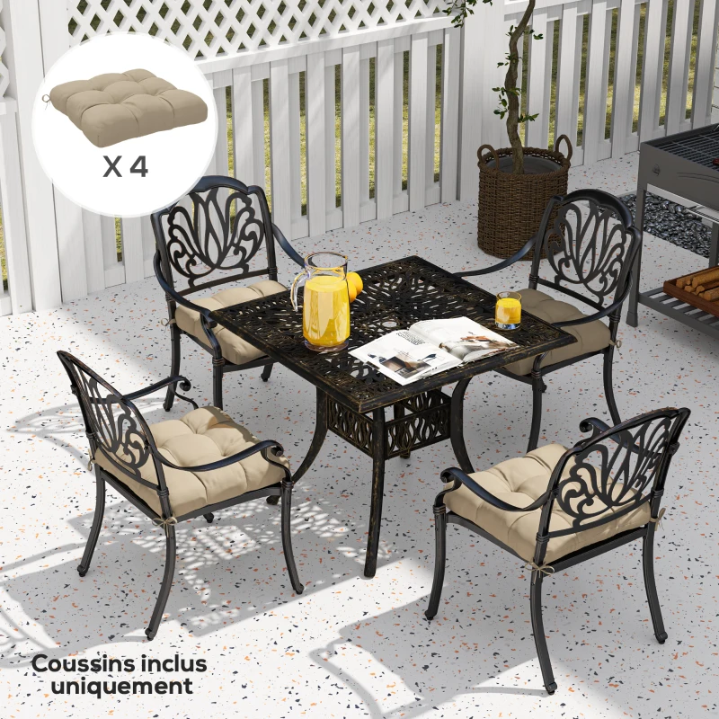 Outsunny Lot de 4 coussins de chaise de jardin, coussins extérieurs capitonné, rembourrage 10 cm avec attaches, 48 x 48 cm kaki