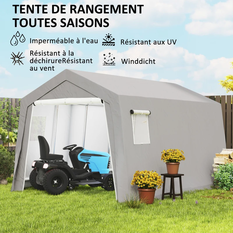 Outsunny Abri de Rangement Extérieur 3 x 4,5 m, tente de stockage étanche et anti-UV, porte enroulable, fenêtres, gris