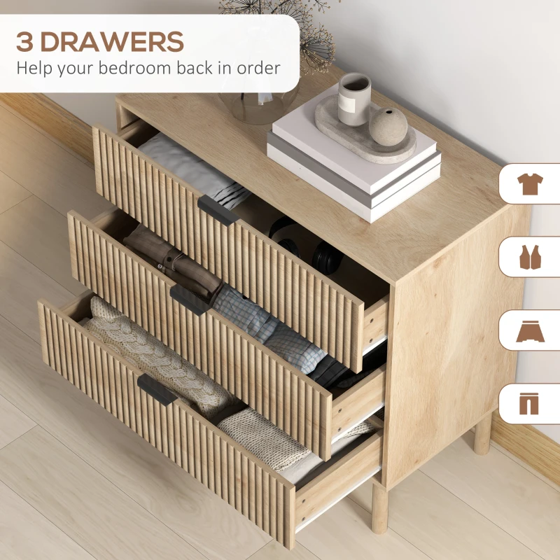 HOMCOM Comodă cu 3 Sertare, Picioare din Lemn Masiv și Design Canelat, 80x40x77,5 cm, Lemn Natural(m-5)