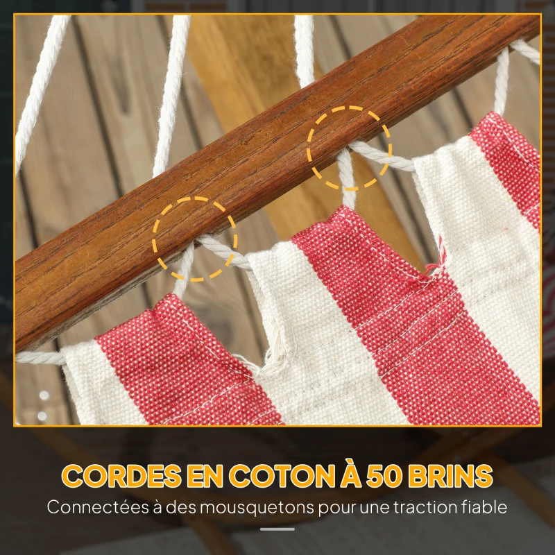 Outsunny Hamac sur pied 1 place, hamac avec support en bois oreiller de tête, lit en coton, 310x118x120cm, rouge et blanche