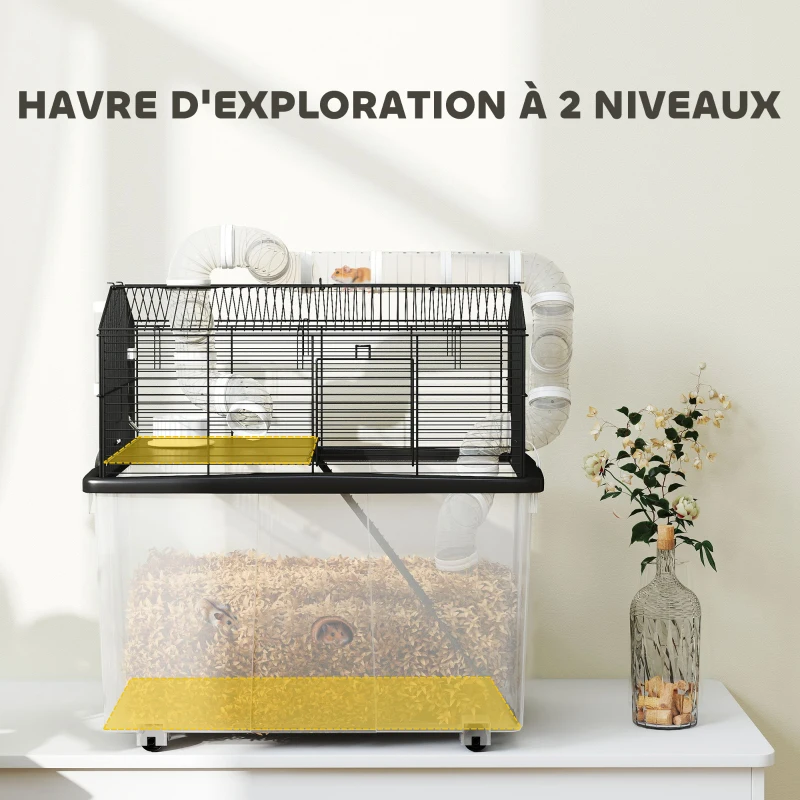 PawHut Cage pour hamster portable cage pour hamster avec rampe, gamelle, bouteille d'eau système de tuyaux 58 x 43 x 57 cm noir
