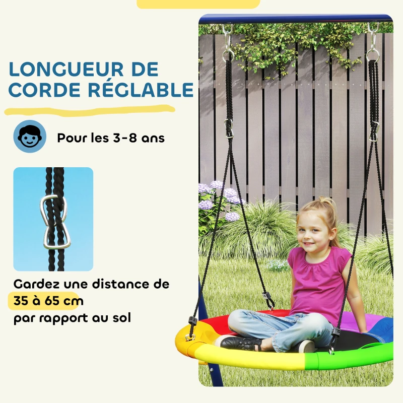 AIYAPLAY Portique balancoire exterieur 6 en 1 avec 3 balançoires, panier de basket, échelle d'escalade et filet, multicolore