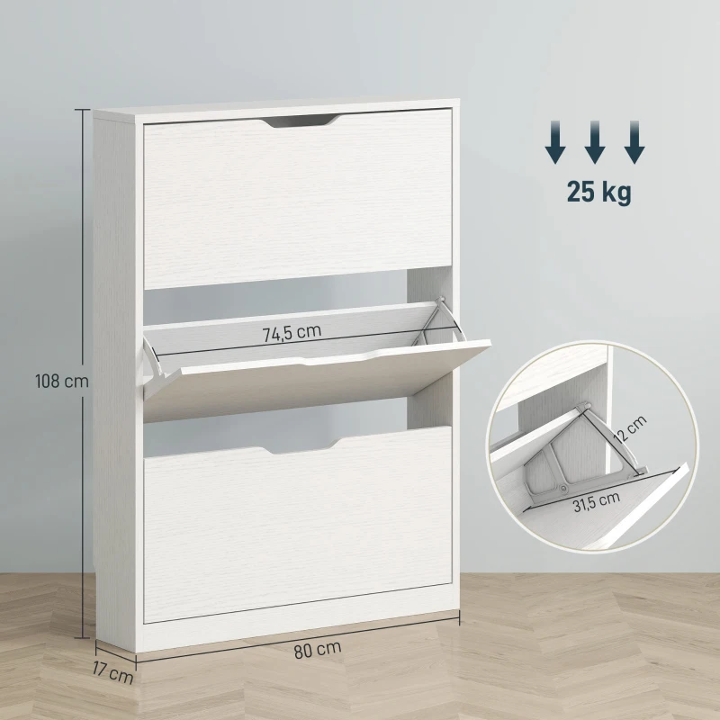 HOMCOM Schuhschrank mit 3 Klappschubladen, für bis zu 12 Paar Schuhe, Spanplatte, 80 x 17 x 108 cm, Weiß(m-3)
