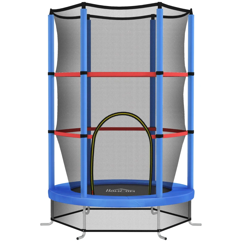 HOMCOM Saltea Elastică pentru Copii 3-6 Ani cu Plasă de Protecție, 6 Stâlpi și 3 Intrări, Ø140x190 cm, Albastru