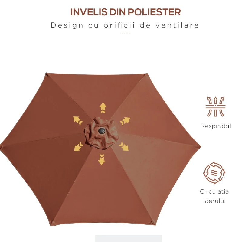Outsunny Umbrelă de Grădină Înclinabilă cu Manivelă și 6 Spițe din Aluminiu, 2.6x2.35 m, Cafeniu