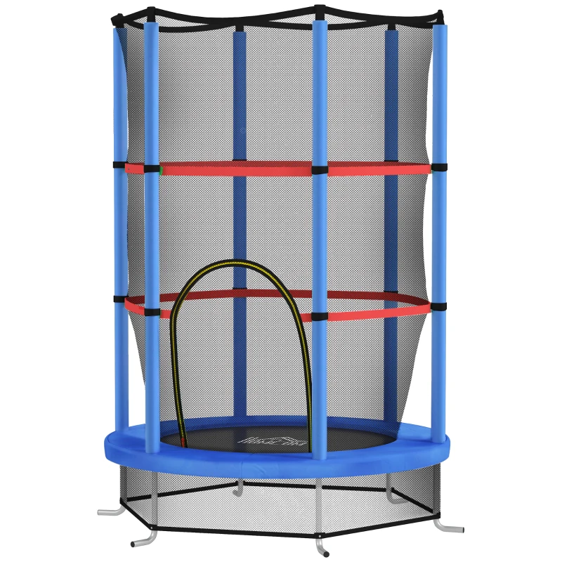 HOMCOM Saltea Elastică pentru Copii 3-6 Ani cu Plasă de Protecție, 6 Stâlpi și 3 Intrări, Ø140x190 cm, Albastru