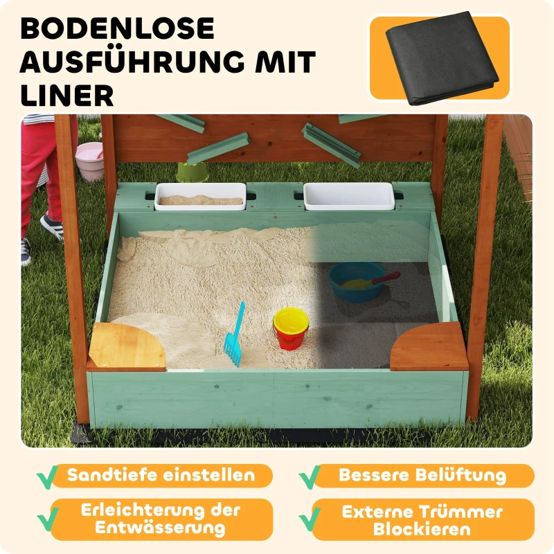 AIYAPLAY Zandbak met Zonnedak voor Kinderen, met 2 Opslagcompartimenten, 116L x 112,5B x 128H cm, Dennenhout, Kunststof, Groen