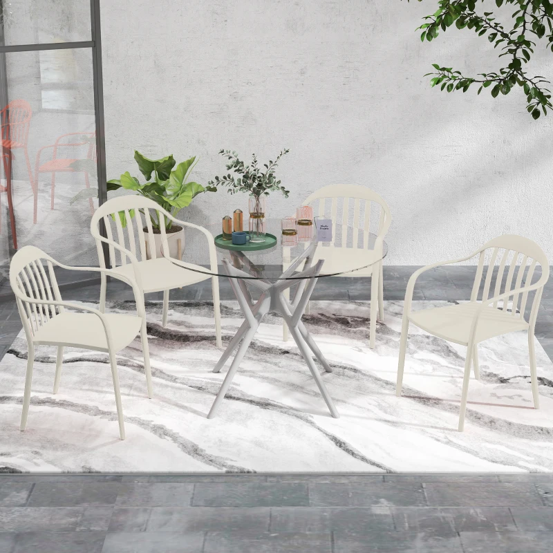 Outsunny Set 4 Scaune de Grădină Stivuibile cu Spătar și Brațe, Rezistente la Raze UV și Impermeabile, 57x54x78 cm, Alb