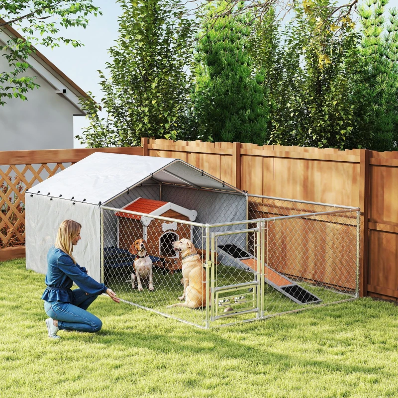 PawHut Țarc pentru Câini de Exterior cu Acoperiș Anti-UV Impermeabil și Boluri Rotative, 400x230x150 cm, Argintiu(m-2)