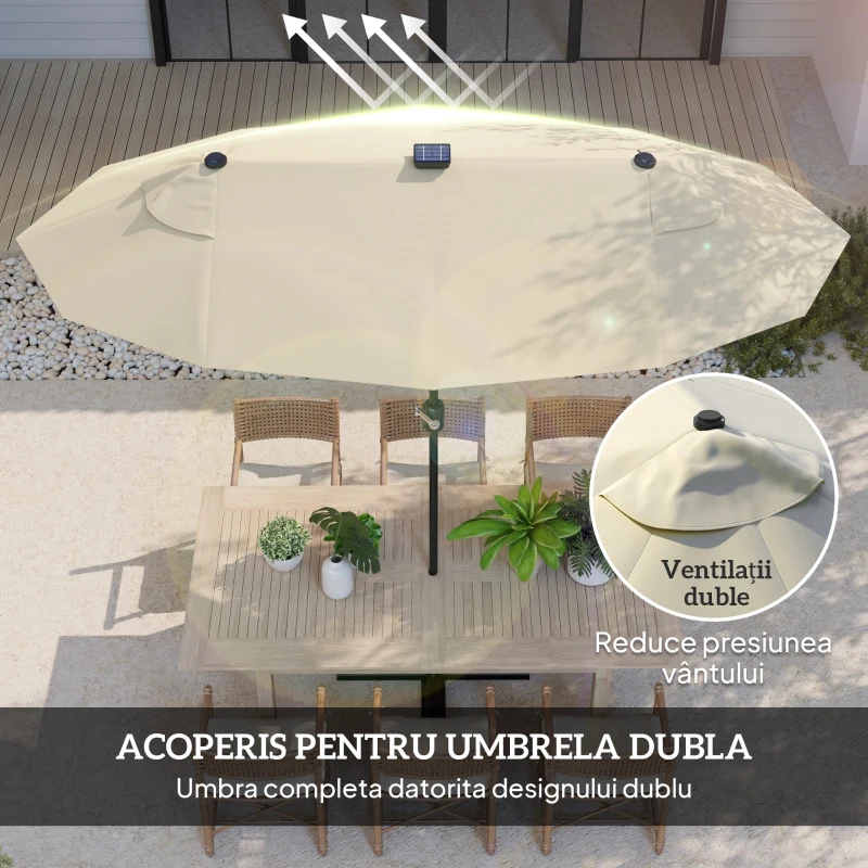 Outsunny Umbrelă Dublă Înclinabilă cu Manivelă, Lumini LED, Bază în Cruce şi Orificii de Ventilaţie, 295x150 cm, Alb Crem