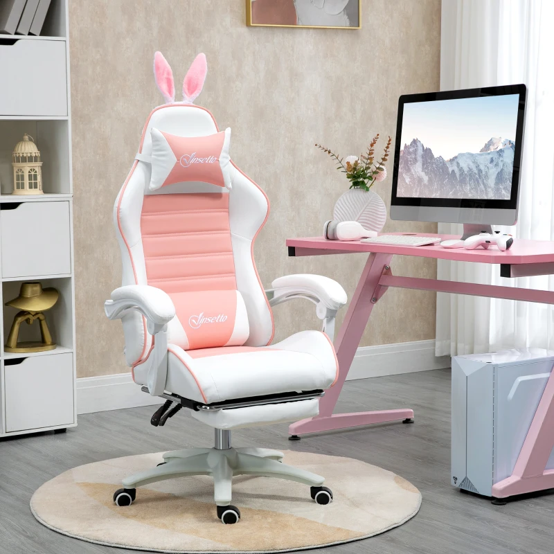 Vinsetto Gaming Stuhl Ergonomischer Gamer Stuhl mit Lendenwirbelstütze, Fußstütze Hasenohren Kopfkissen Rosa(m-2)