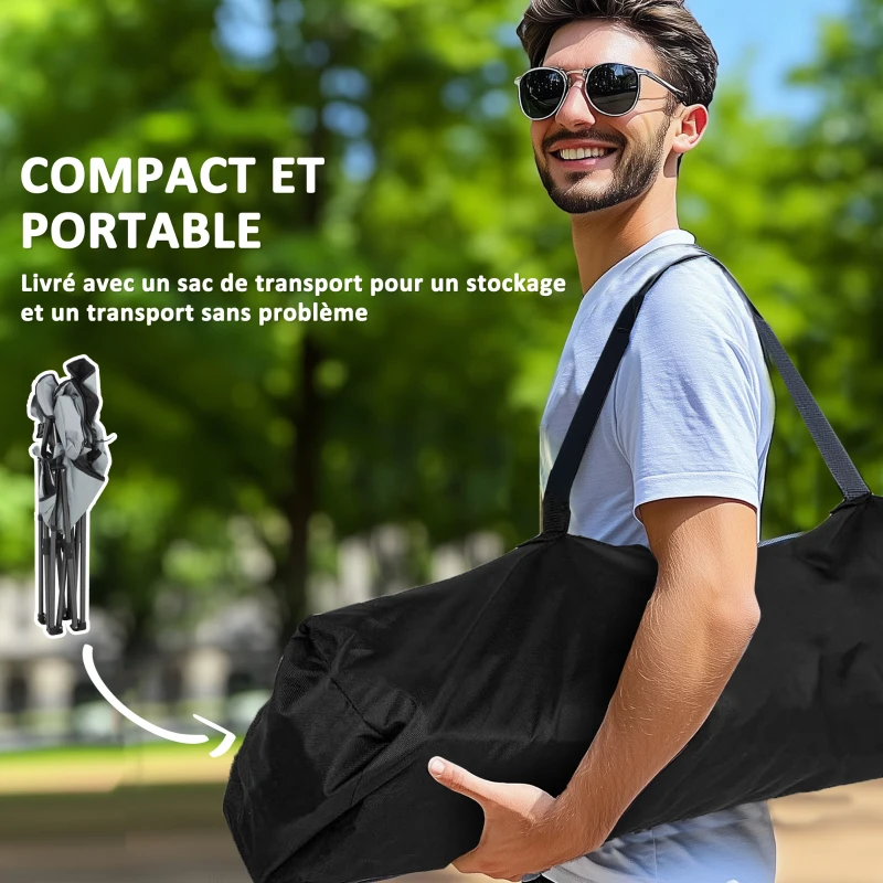 Outsunny Chaise de camping pliante avec accoudoirs réglables, porte-gobelets, poches latérales et sac de refroidissement, noir