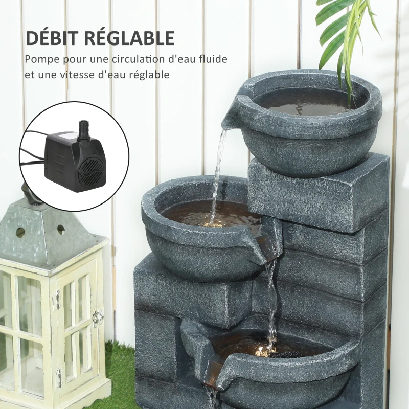 Outsunny Fontaine extérieure de jardin cascade avec éclairage LED, pompe inclus, 38 x 35 x 78,5 cm, gris