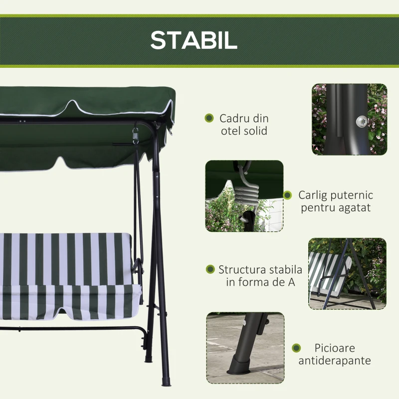 Outsunny Leagăn de Grădină cu 3 Locuri și Parasolar Basculant, 172×110×153 cm, Verde