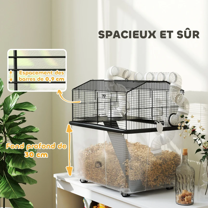 PawHut Cage pour hamster portable cage pour hamster avec rampe, gamelle, bouteille d'eau système de tuyaux 58 x 43 x 57 cm noir