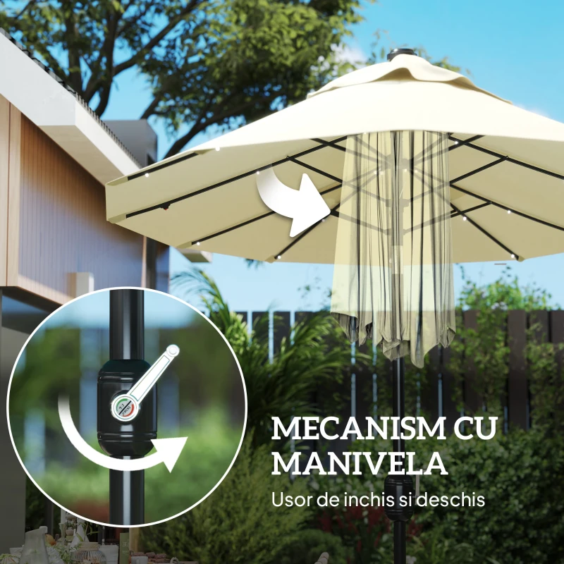 Outsunny Umbrelă Dublă Înclinabilă cu Manivelă, Lumini LED, Bază în Cruce şi Orificii de Ventilaţie, 295x150 cm, Alb Crem