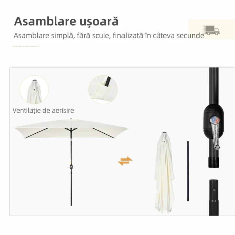 Outsunny Umbrelă dreptunghiulară 2x3 m pliabilă și reglabilă cu manivelă, din aluminiu și poliester, crem alb