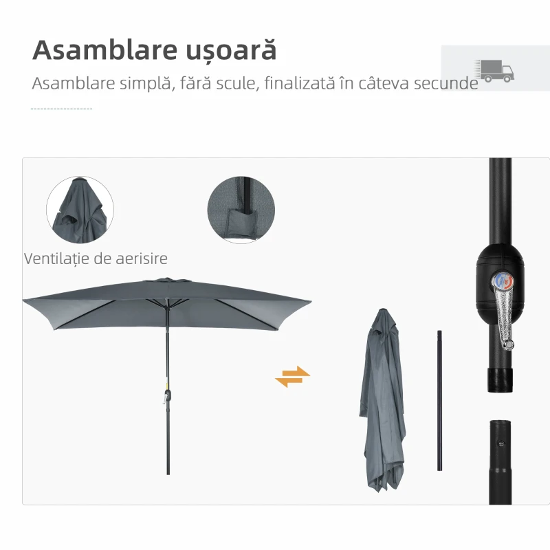 Outsunny Umbrelă dreptunghiulară 2x3 m pliabilă și reglabilă cu manivelă, din aluminiu și poliester, gri închis