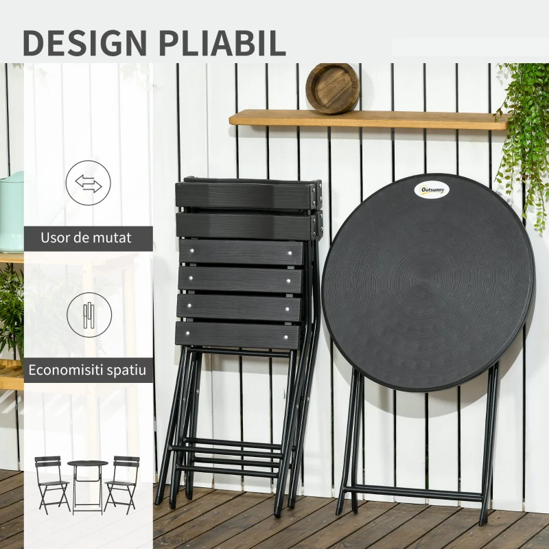 Outsunny Set de Gradina  3 Piese cu 2 Scaune si Masa Pliabile din Otel si HDPE pentru Balcon si Terasa, Gri Inchis