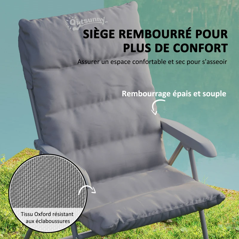 Outsunny Chaise pliante camping avec siège rembourré, dossier haut réglable et poches latérales, gris