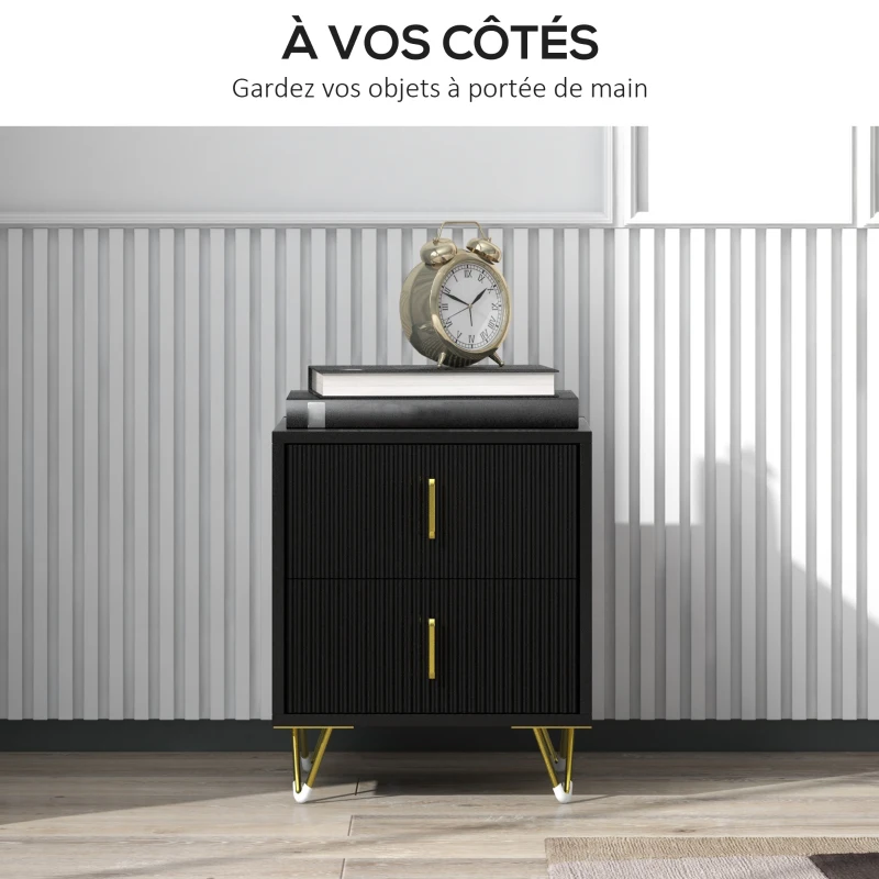 HOMCOM Table de chevet table de nuit avec 2 tiroirs style art déco - 40 x 40 x 47 cm - métal doré et noir