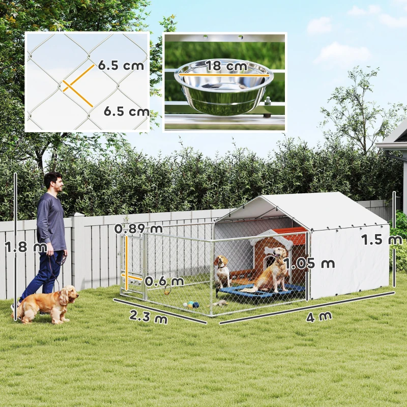 PawHut Țarc pentru Câini de Exterior cu Acoperiș Anti-UV Impermeabil și Boluri Rotative, 400x230x150 cm, Argintiu(m-3)