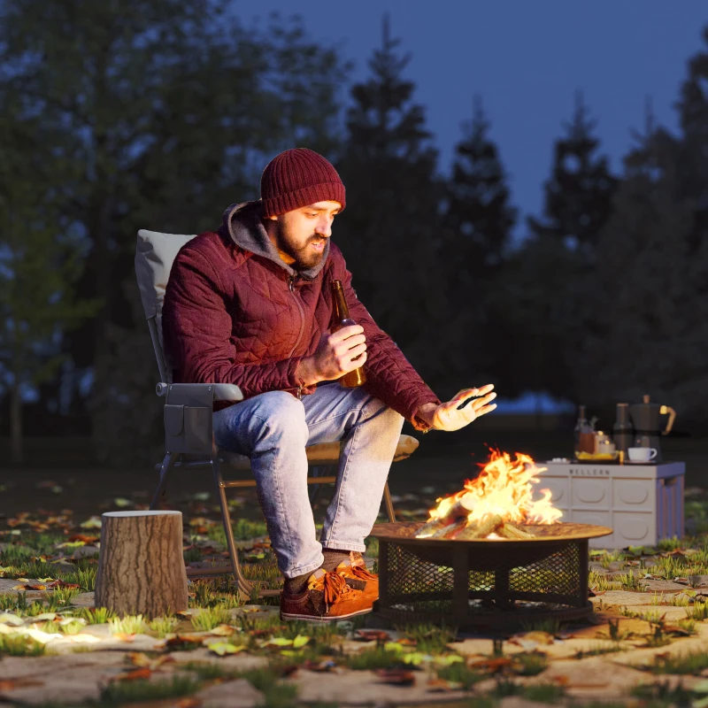 Outsunny Chaise pliante camping avec siège rembourré, dossier haut réglable et poches latérales, gris