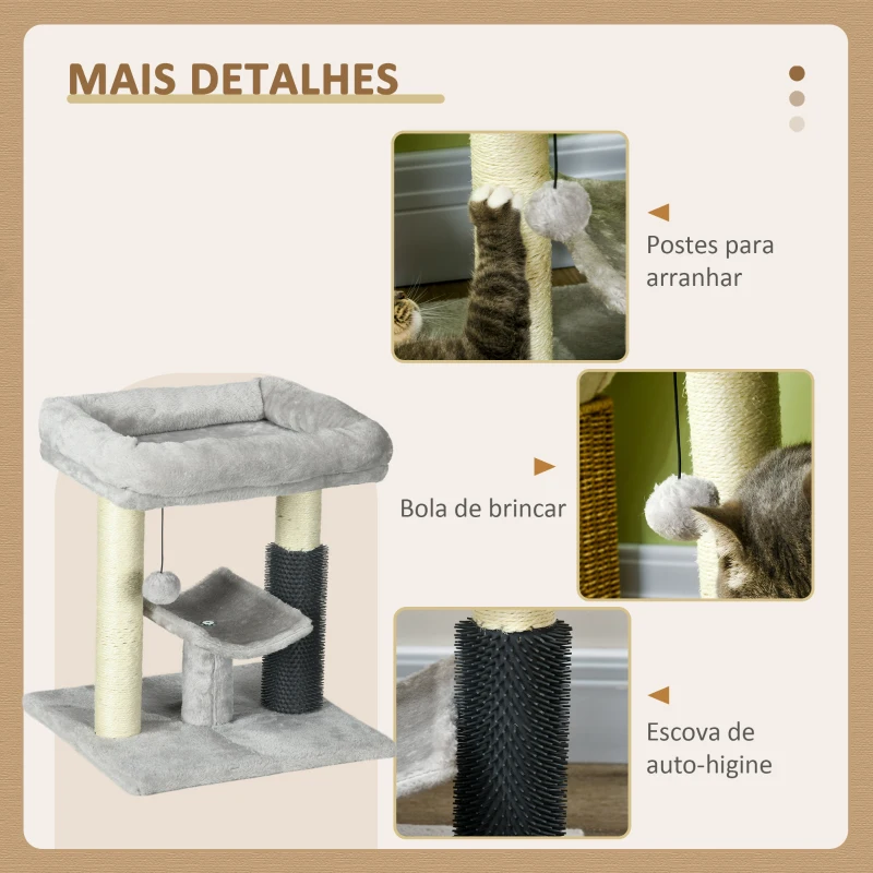 PawHut Arranhador para Gatos com 2 Postes de Arranhar Cama Plataforma em U e Escova Bola Suspensa 40x40x48 cm Cinza