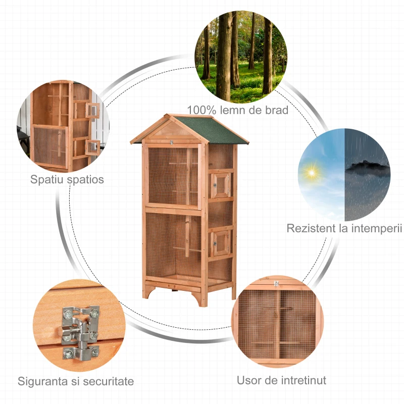 PawHut Colivie pentru Păsări cu 3 Deschideri cu Blocare, 4 Stinghii și Tavă Detașabilă, 80.5x57x153 cm, Portocaliu