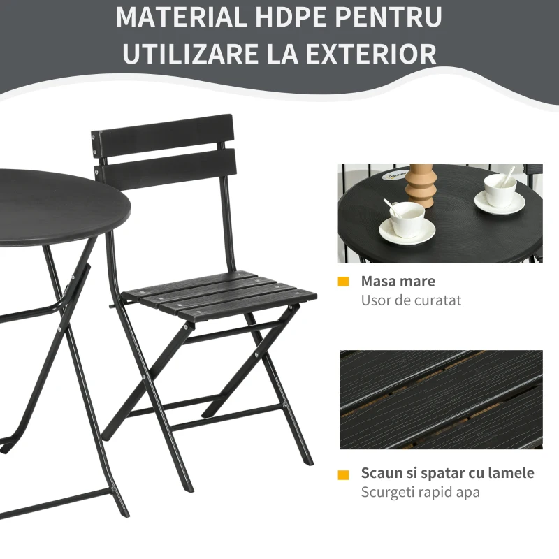 Outsunny Set de Gradina  3 Piese cu 2 Scaune si Masa Pliabile din Otel si HDPE pentru Balcon si Terasa, Gri Inchis